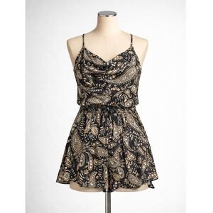 Sky to Moon Women Paisley Cowl Neck Romper Black Tan Small Boho Backless Tie